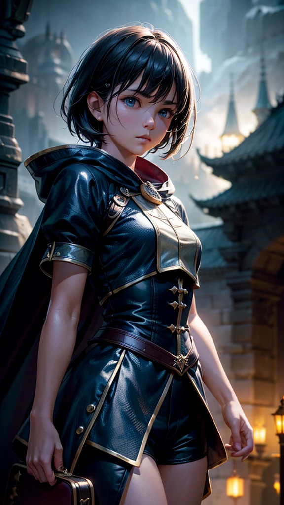 a girl standing in a night sky castle, puffy short sleeves, cape, bag, (best quality,4k,8k,highres,masterpiece:1.2),ultra-detailed,(realistic,photorealistic,photo-realistic:1.37),HDR,UHD,studio lighting,ultra-fine painting,sharp focus,physically-based rendering,extreme detail description,professional,vivid colors,bokeh,fantasy,atmospheric,dramatic lighting,moody,cinematic