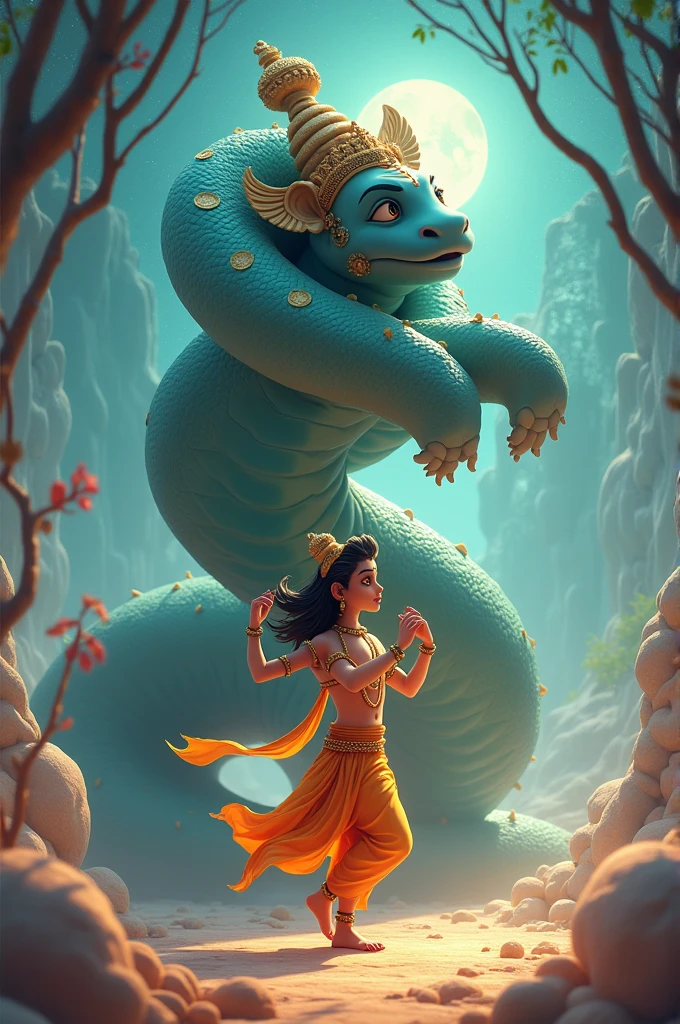 Generate 3d animated cartoon style Kaliya Naag with a subdued expression, bowing his head in submission as Krishna continues to dance.