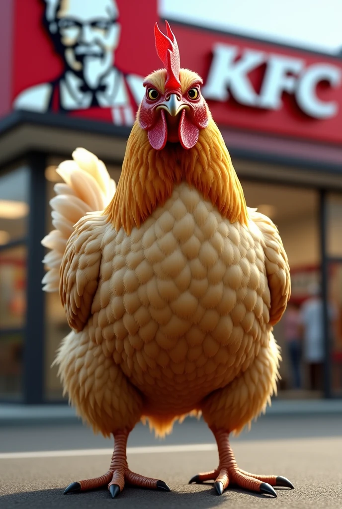 Show me a chicken standing next to the kfc
The gets angry