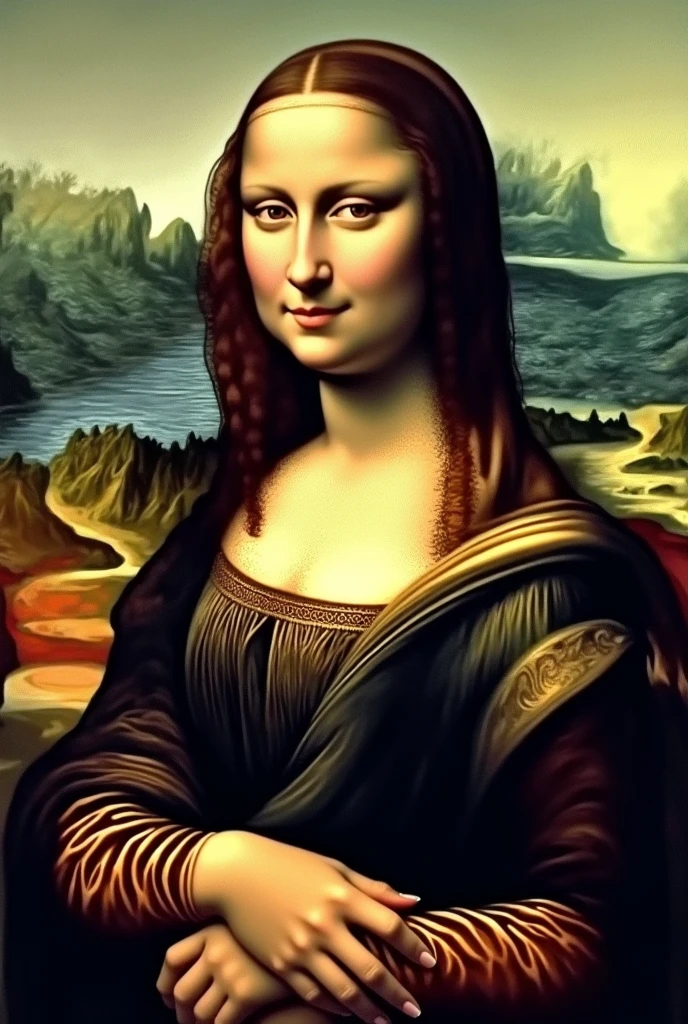 "Create an image depicting what the Mona Lisa might look like in the year 3024. Imagine a futuristic version of Leonardo da Vinci's iconic painting, blending elements of advanced technology and a dystopian or utopian future. The figure should still retain the enigmatic smile and calm demeanor of the original, but her appearance should reflect the passage of a thousand years—incorporating cybernetic enhancements, high-tech clothing, and possibly a transformed environment with futuristic architecture or a virtual background. The overall tone should mix classical elegance with cutting-edge science fiction aesthetics."