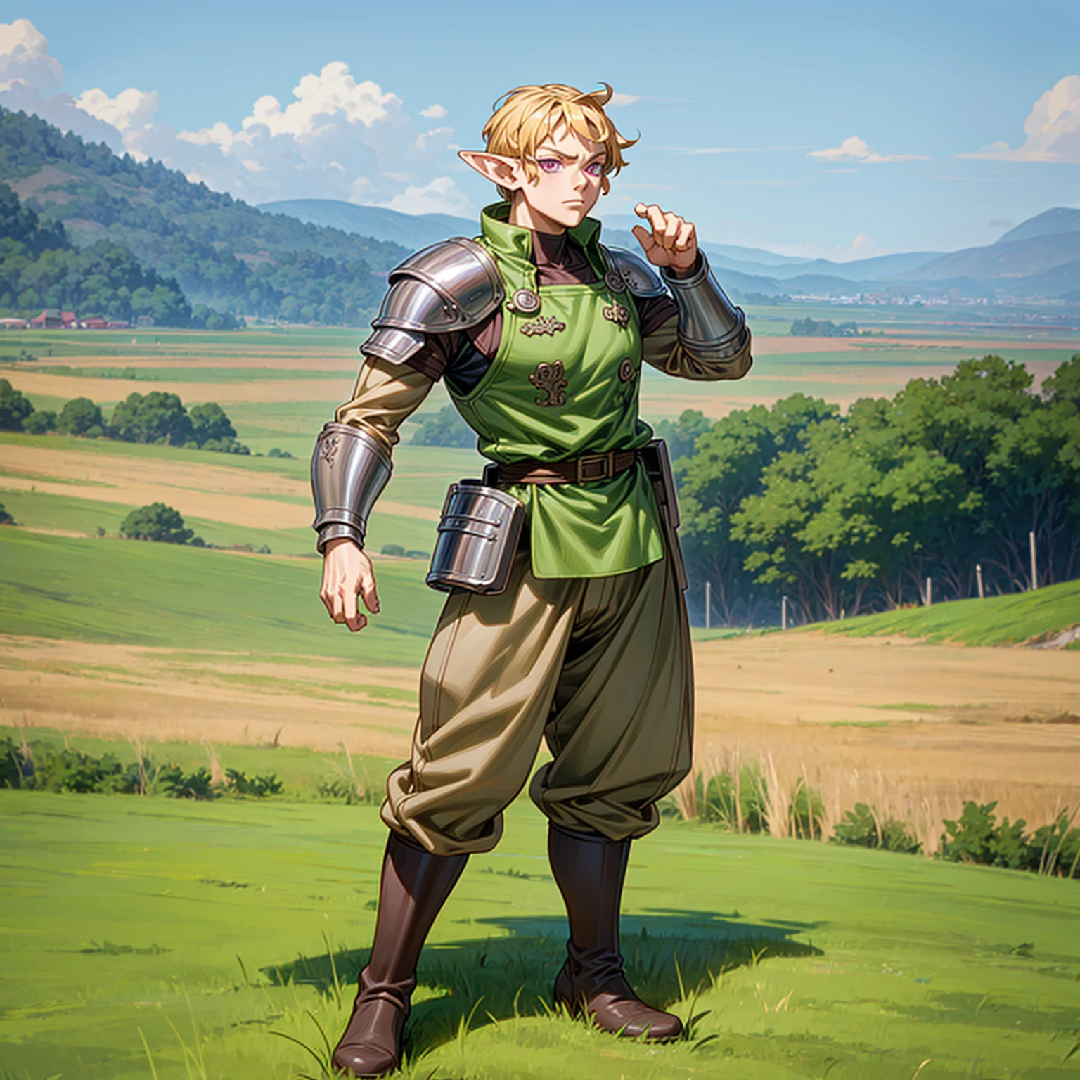 Solo character, full body version, young man, muscle, (elf), purple eyes, blonde color hair, Curly haircut, soldier clothing, long brown pants, boots, outdoor, field, Greenland, detailed background, detailed clothing, detailed hair, muscle, standing gesture, (food wars style art, one piece style art, one piece style art), happy eyes, heavy armored 