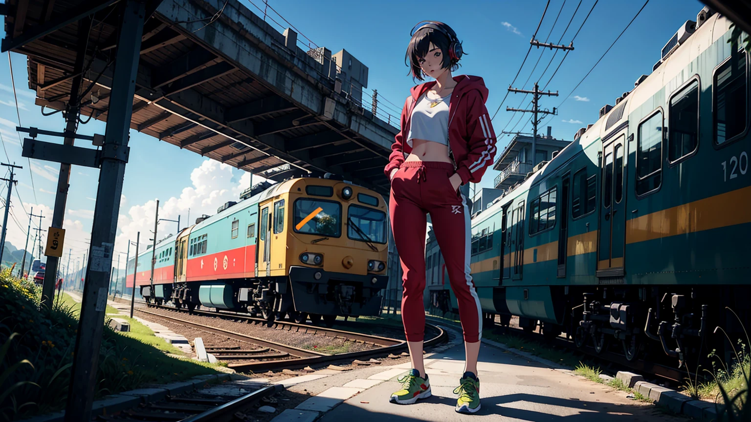 (best quality), ((masterpiece)), (highres), illustration, original, extremely detailed, 1girl, headphones, solo, Electric guitar Amplifile Guitar, sky background, midriff, pants, blue eyes, hair over one eye, simple background, shoes, black hair, long hair, hood, full body, red jacket, looking at viewer, hoodie, sneakers, hoop earrings, crop top, red pants, standing, jacket, baggy pants, there is a train crossing on the tracks near the ocean, traffic light, beautiful anime scene, ( ( makoto shinkai ) ), anime landscape, beautiful anime scenery, anime movie background, makoto shinkai. —h 2160, makoto shinkai cyril rolando, anime beautiful peace scene, anime background art, anime scenery, anime background, colorful anime movie background
