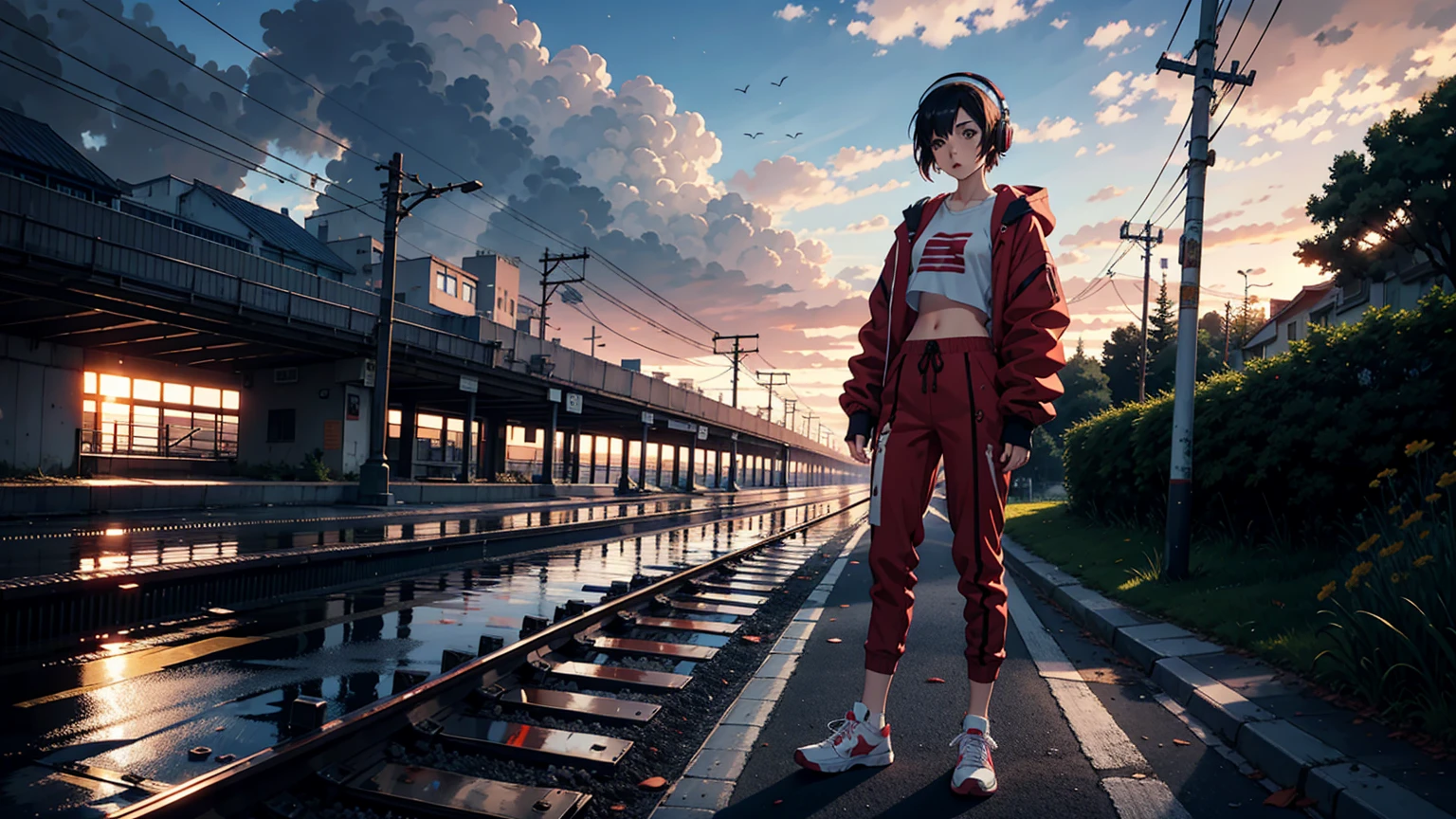 (best quality), ((masterpiece)), (highres), illustration, original, extremely detailed, 1girl, headphones, solo, Electric guitar Amplifile Guitar, sky background, midriff, pants, blue eyes, hair over one eye, simple background, shoes, black hair, long hair, hood, full body, red jacket, looking at viewer, hoodie, sneakers, hoop earrings, crop top, red pants, standing, jacket, baggy pants, there is a train crossing on the tracks near the ocean, traffic light, beautiful anime scene, ( ( makoto shinkai ) ), anime landscape, beautiful anime scenery, anime movie background, makoto shinkai. —h 2160, makoto shinkai cyril rolando, anime beautiful peace scene, anime background art, anime scenery, anime background, colorful anime movie background