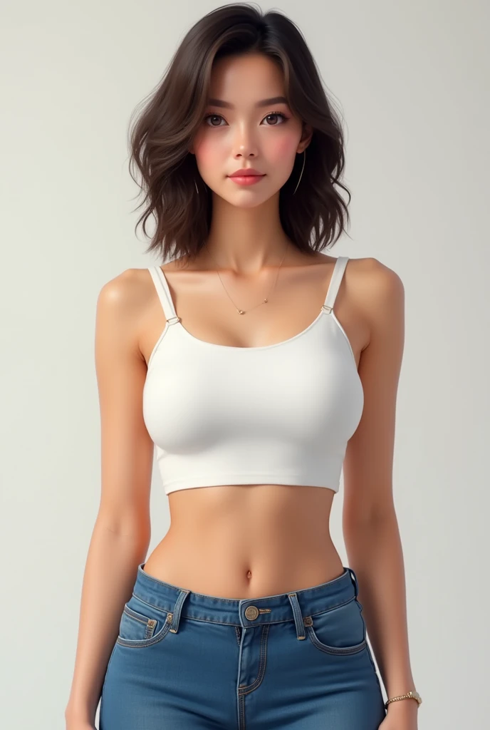 Amazing cowboy shot of a sexy woman wearing her black bob cut hair, seductively gazing and smiling, soft lips, blushing intensely, white tank top, panties , medium chest, perfect body, simple background, Nicole Kidman
