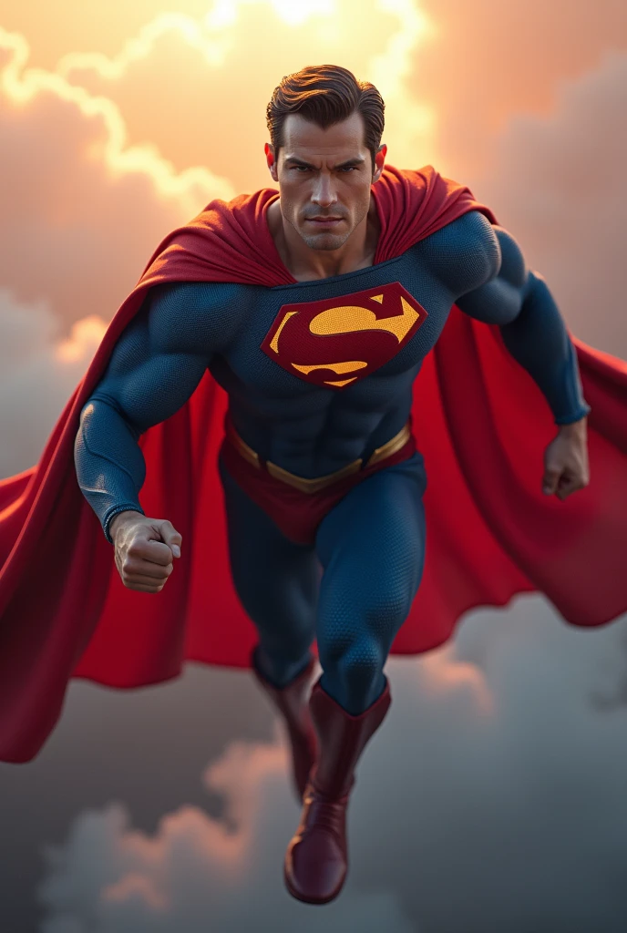 a muscular superhero in red and blue costume, flying in the sky, cape billowing, heroic pose, detailed facial features, chiseled jawline, piercing eyes, highly detailed, photorealistic, 8k, dramatic lighting, cinematic, comic book style, vibrant colors