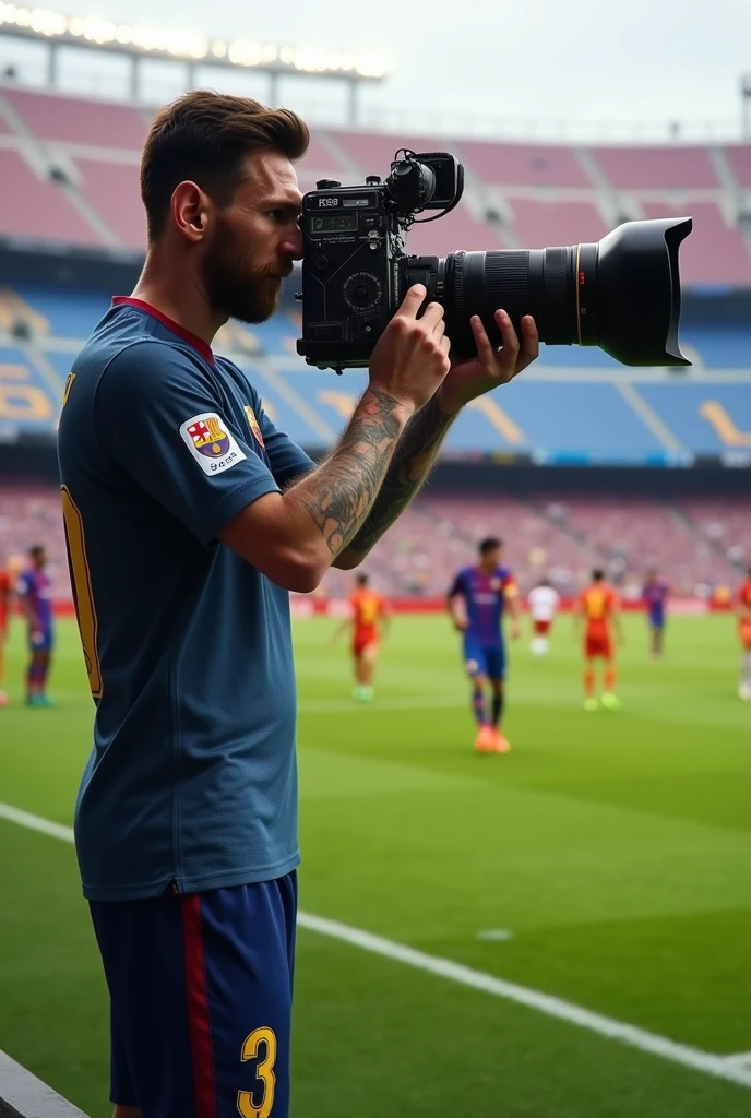 Messi as a photographer in a football ground with a huge big camera