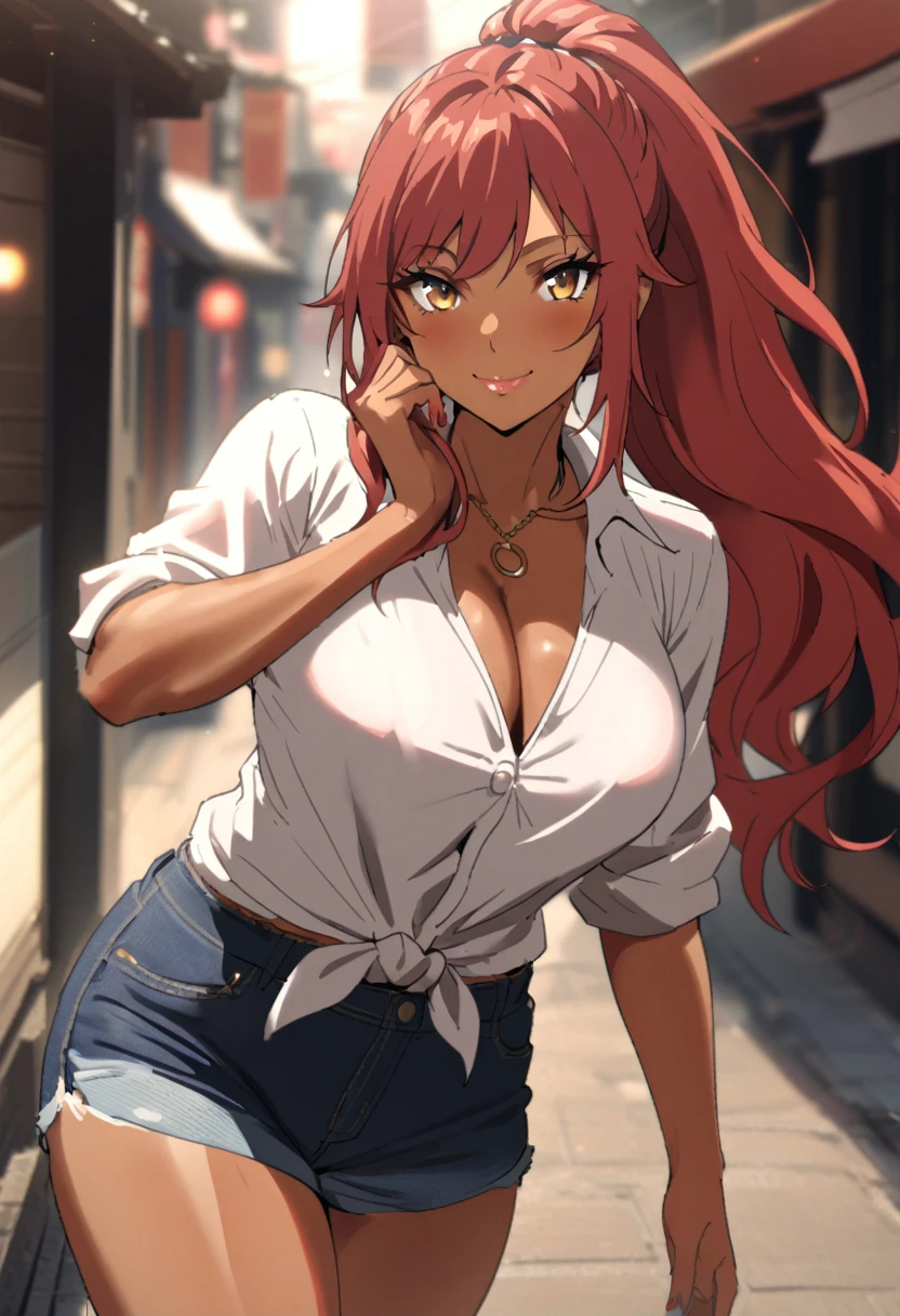 {{portrait, outdoors, street, japan, blurry foreground, light particles}} {{Artist: Sincos}} 1girl, solo, mature female, gyaru, red hair, long hair, ponytail, hazel eyes, long eyelashes, tan skin, lips, large breasts, curvy, cleavage, smile, closed mouth, hand to face, denim shorts, white blouse, tied shirt, looking at viewer, sunlight