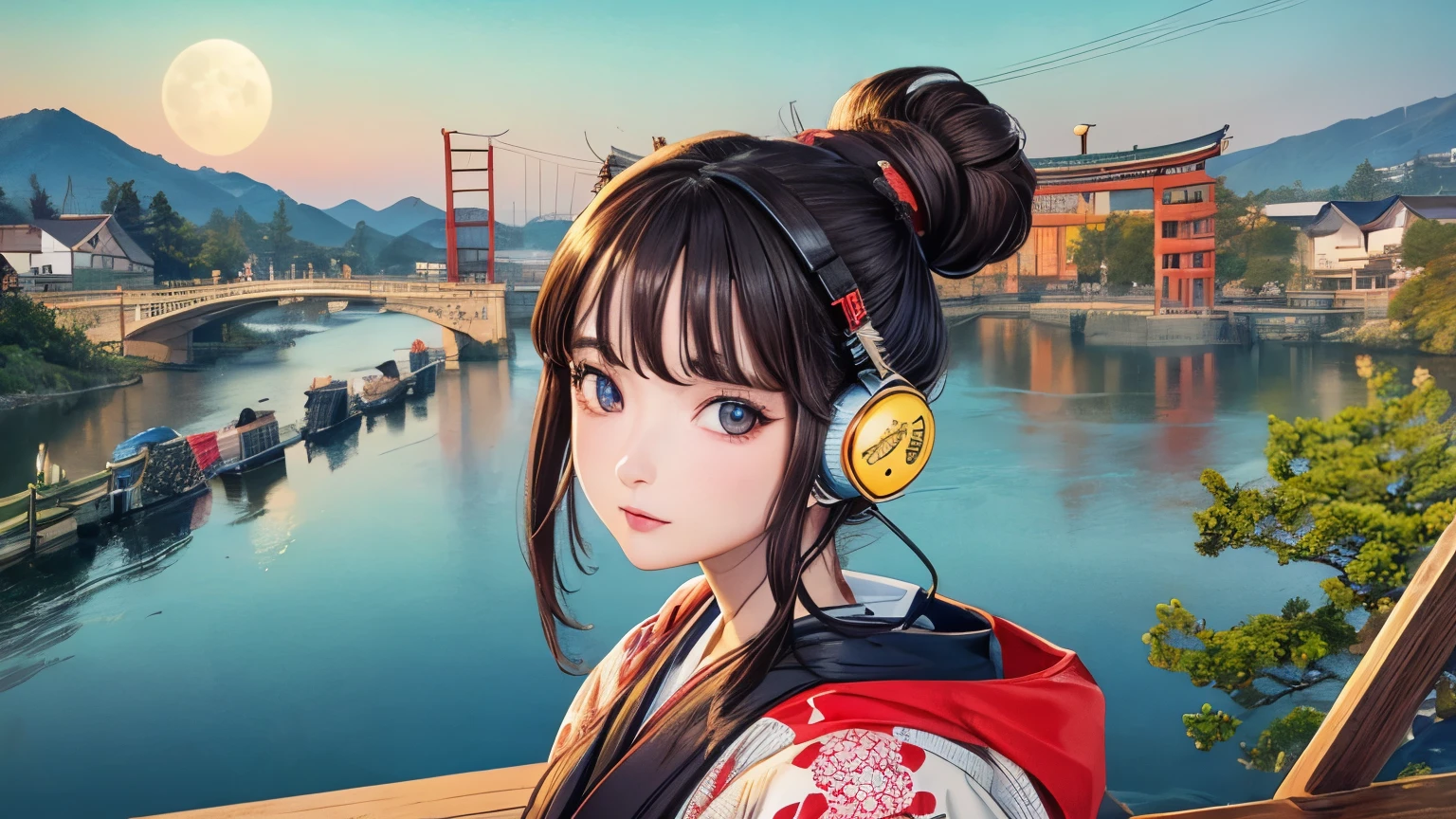 (Highest quality, 8k, masterpiece, High resolution), (whole body), Vibrant colors, ((headphones)), Brown-black bob, Traditional topknot, Ample breasts, (Highly detailed face and eyes, Beautiful Face, Beautiful Eyes, Beautiful nose, Pretty lips), Official Art, Ukiyo-e style, (Beautiful woman in kimono), (Vivid floral patterned kimono), background, river, bridge, Mountain, wood, Starry Sky, moon, Detailed CG,