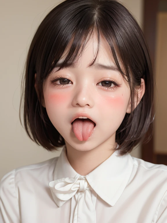 (masterpiece:1.3)、Very nice finish、(High resolution、8k:1.3)、(Highest quality、Ultra-realistic as a photo:1.5)、Sharp focus, 超High resolutionの顔、Ultra high definition and beautiful eyes、Eyes are symmetrical:1.3、High quality and beautiful skin、Firm Skin、Image of 1 person, ((10 years old))、((White tight business blouse with collar))、(White bow tie blouse)),(very cute、Amazing beautiful girl)、Natural Makeup, Glossy Lips、Wet eyes:1.3,, Embarrassing:1.3、(Bobcut),(Sticking out tongue:1.5),(Upper body shot:1.7),(Please open your mouth wide:1.5)、(Wrinkles between the eyebrows:1.4)、(Scared expression:1.8)、(Please close your eyes completely:1.8),(single eyelid:1.5),(Droopy eyes:1.4),(Blushing:1.6),(Let your bangs hang down:1.7)、Low contrast lighting、(The top of your head fits in the frame:1.4)