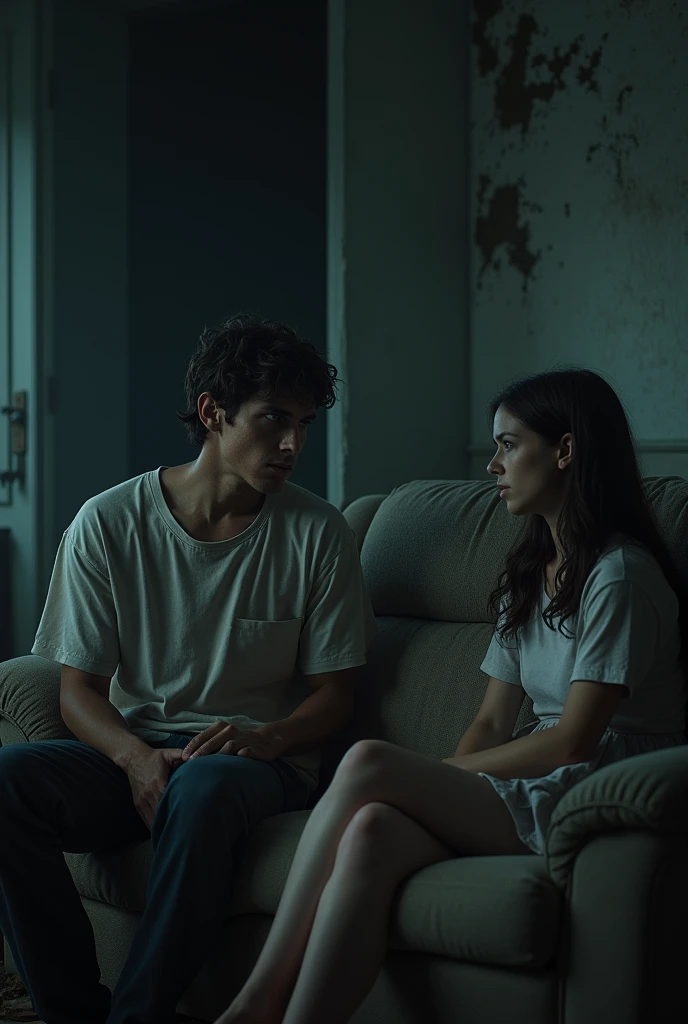 Young and bored man frowning at young woman sitting on a worn out couch in a dark living room, nightmare
