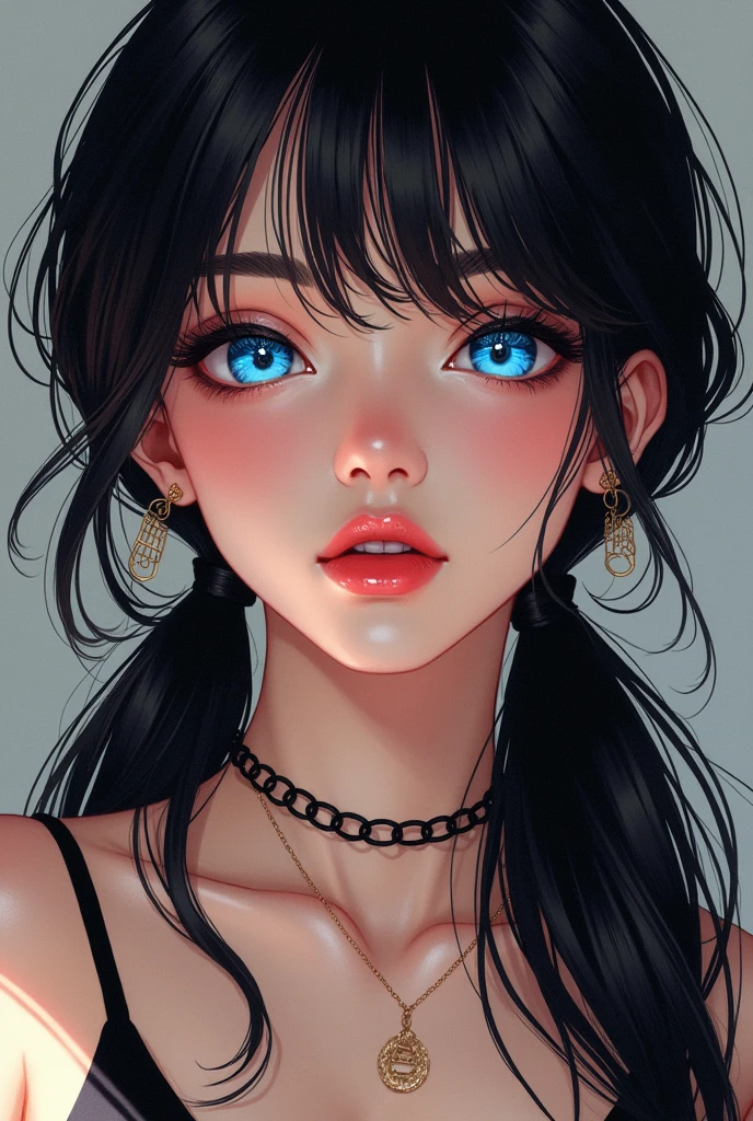 A woman in her 20s with dark hair and a ponytail, featuring pink streaks. Her eyes are extremely detailed and captivating in blue color.  She is wearing a lacy bra, adding a touch of sensuality to the overall image. The artwork should be considered a masterpiece, ensuring the best quality and high resolution.
