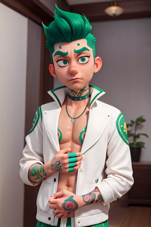 male、16age、A blank face、Clown style、Slicked back hair、My hair is stuck to my skin、Green Hair、A jacket that gives a glimpse of your chest、Full body tattoos、Tattoo on chest、Tattoos on the face、Tattoo on arm、funny Face、