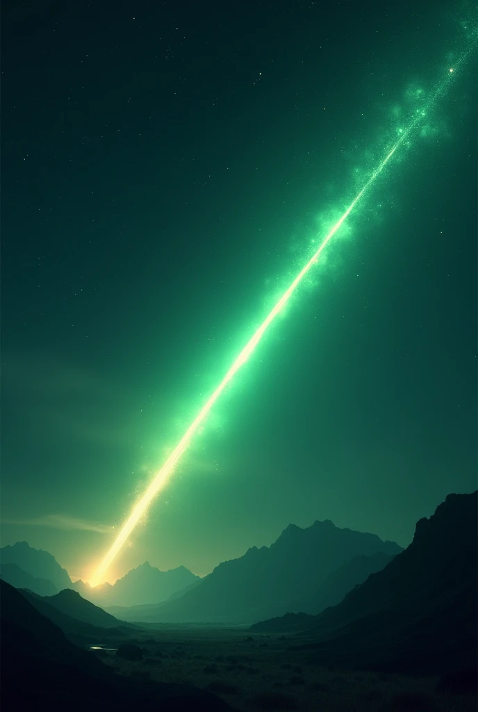 Create a stunning cinematic scene with a meteor streaking across the night sky.. Capture the breathtaking moment as it illuminates the darkness and evokes a sense of wonder and mystery.. Use colors, Composition, and lighting to transport spectators to this green celestial spectacle