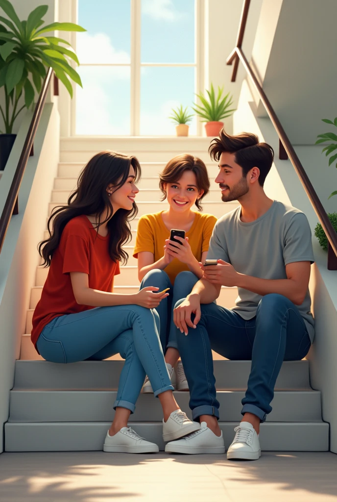 1 girl and 1 couple is sitting on the wide stairs in office area and talking, the girl is wearing a red top and jeans and the boy is wearing a grey shirt and jeans and both are wearing white shoes, a friend of both of them is also sitting with them, she is using her phone. She is sitting on the stairs one below them