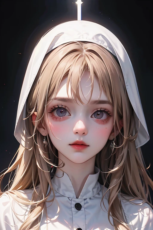 A holy girl in light clothes stands on the left, looking into the face of the devil guy standing on the right in the dark