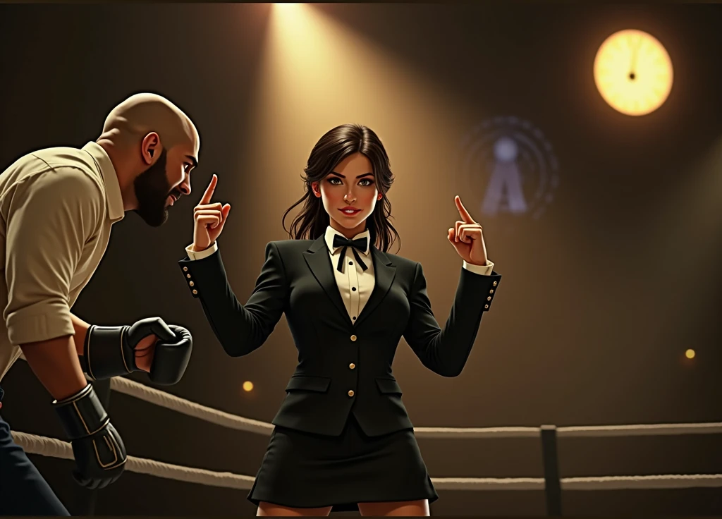 Female wearing suit and tie intense fighting in boxing ring, black suit, (three-piece suit), skirt suit, necktie, bodycon miniskirt, pantyhose, waistcoat, dynamic lighting, in the dark, deep shadow, low key, cowboy shot full-lenght body,fight stance, taunting, winning pose, preppy style, powerfull fight stance, focus, she win the fight pose, professional fighter fight stance, domination fight, avoiding punch from enemy while taunting, preppy fight style, laughing to the enemy, pointing to the camera, hands up professional fighter, hand touching her necktie to tease opponent, looking at viewer from below