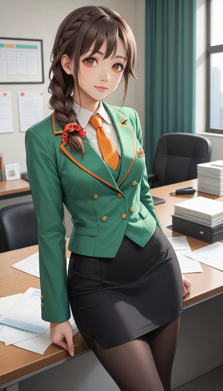 score_9, score_8_up, score_7_up, source_anime, best quality, masterpiece, office,
human, solo, sosenkawa chihiro, cosChihhi, brown hair, orange eyes, side braid, red scrunchie, green jacket, black pantyhose,  black pencil skirt, yellow necktie, three-piece suit, blazer, waistcoat, double-breasted suit jacket
