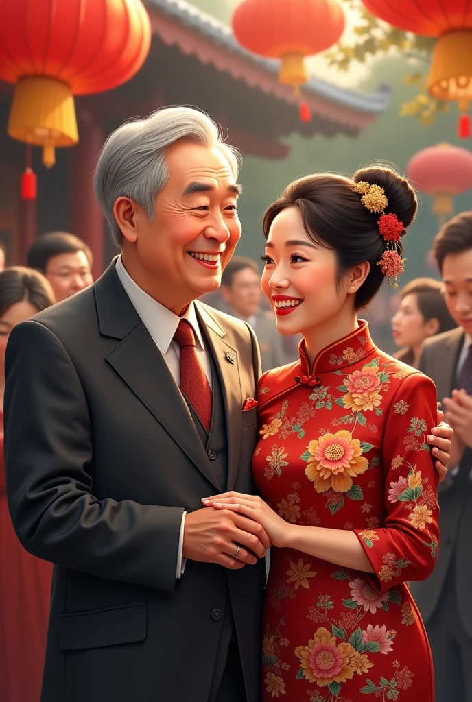 An elderly couple at a wedding，Men&#39;s charcoal grey suit，Women wearing cheongsam。Asian。Smiling and blessing the newlyweds。



