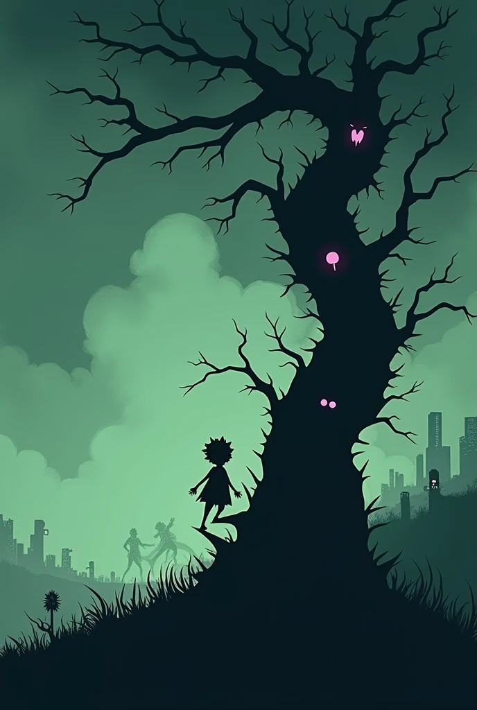 "Minimalist silhouette art in the style of Olly Moss, depicting a horror-themed scene from Jack and
the Beanstalk. Show Jack climbing a massive, twisted beanstalk that looks more like a sinister, thorny
vine reaching up into stormy, ominous clouds. Jack, a small, fragile figure, appears terrified as he
ascends. The beanstalk should have dark, jagged silhouettes, with twisted faces or ghostly hands
emerging from the vines. Use a limited color palette with stark contrasts, focusing on dark greens,
deep blacks, and eerie purples, with flashes