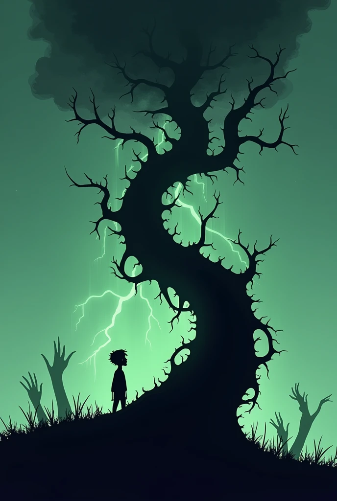"Minimalist silhouette art in the style of Olly Moss, depicting a horror-themed scene from Jack and
the Beanstalk. Show Jack climbing a massive, twisted beanstalk that looks more like a sinister, thorny
vine reaching up into stormy, ominous clouds. Jack, a small, fragile figure, appears terrified as he
ascends. The beanstalk should have dark, jagged silhouettes, with twisted faces or ghostly hands
emerging from the vines. Use a limited color palette with stark contrasts, focusing on dark greens,
deep blacks, and eerie purples, with flashes