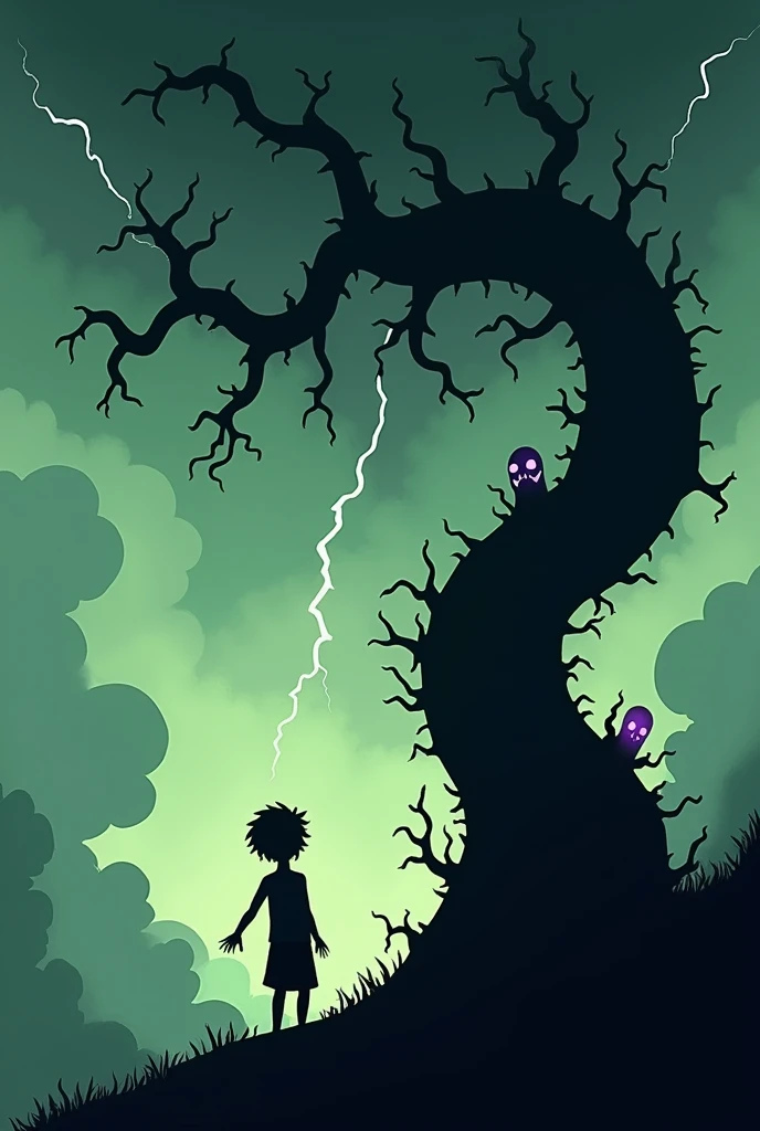 "Minimalist silhouette art in the style of Olly Moss, depicting a horror-themed scene from Jack and
the Beanstalk. Show Jack climbing a massive, twisted beanstalk that looks more like a sinister, thorny
vine reaching up into stormy, ominous clouds. Jack, a small, fragile figure, appears terrified as he
ascends. The beanstalk should have dark, jagged silhouettes, with twisted faces or ghostly hands
emerging from the vines. Use a limited color palette with stark contrasts, focusing on dark greens,
deep blacks, and eerie purples, with flashes