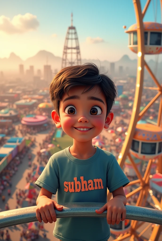 "A , wearing a casual t-shirt with the name 'SUBHAM' printed boldly on the front, is seated at the top of a giant Ferris wheel. The background shows a lively fairground below, with colorful lights and various attractions. The sky is clear, adding to the joyful atmosphere. The boy's expression is one of pure excitement and happiness as he looks out over the fair from his high vantage point."