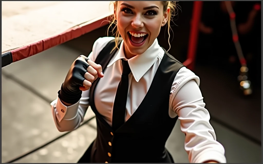 Female wearing suit and tie intense fighting in boxing ring, black suit, (three-piece suit), skirt suit, necktie, bodycon miniskirt, pantyhose, waistcoat, dynamic lighting, in the dark, deep shadow, low key, cowboy shot full-lenght body,fight stance, taunting, winning pose, preppy style, powerfull fight stance, focus, she win the fight pose, professional fighter fight stance, domination fight, avoiding punch from enemy while taunting, preppy fight style, laughing to the enemy, pointing to the camera, hands up professional fighter, hand touching her necktie to tease opponent, looking at viewer from below