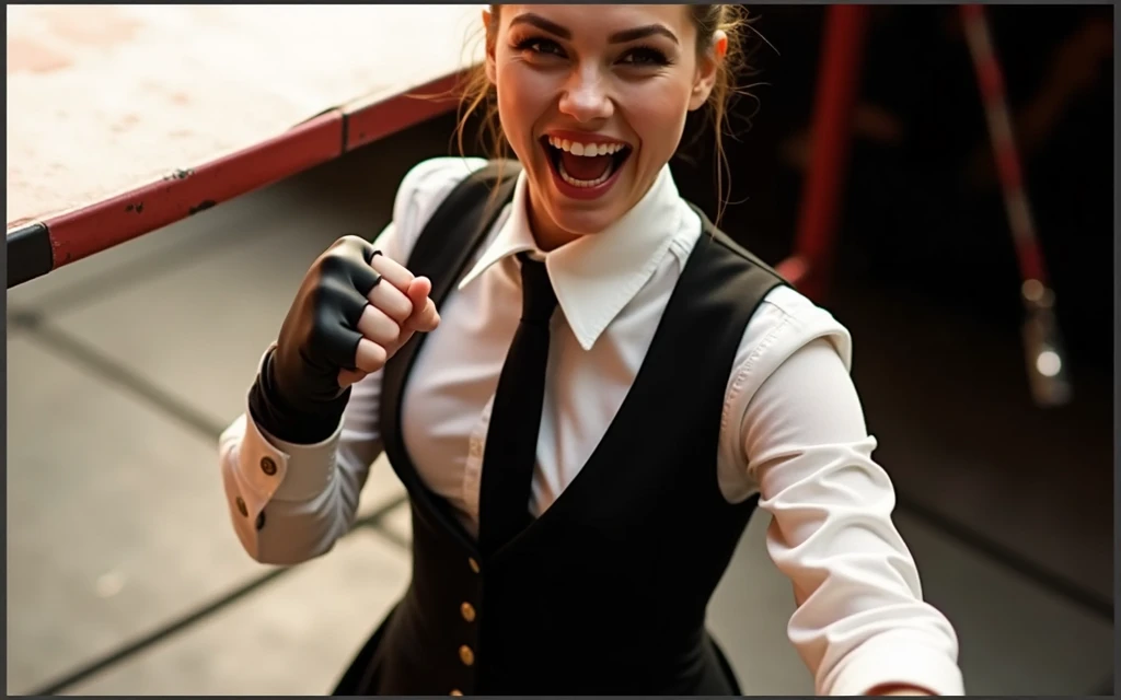 Female wearing suit and tie intense fighting in boxing ring, black suit, (three-piece suit), skirt suit, necktie, bodycon miniskirt, pantyhose, waistcoat, dynamic lighting, in the dark, deep shadow, low key, cowboy shot full-lenght body,fight stance, taunting, winning pose, preppy style, powerfull fight stance, focus, she win the fight pose, professional fighter fight stance, domination fight, avoiding punch from enemy while taunting, preppy fight style, laughing to the enemy, pointing to the camera, hands up professional fighter, hand touching her necktie to tease opponent, looking at viewer from below