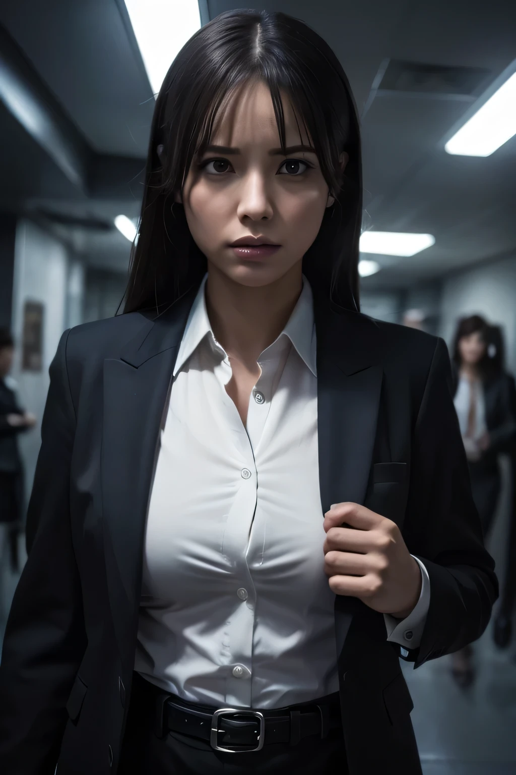 a woman in a suit, belt, hands behind back, sweating, suspenders, black jacket, black pants, sexy, large breasts, see-through clothing, rain, heavy rain, detective, office worker, white button-up shirt, (best quality,4k,8k,highres,masterpiece:1.2),ultra-detailed,(realistic,photorealistic,photo-realistic:1.37),hyper-detailed,highly detailed face and body, chiaroscuro lighting, dramatic moody lighting, cinematic, intricate details, sharp focus, vivid colors, dark shadows, strong contrasts, corporate, professional, female protagonist, film noir, mystery, suspense