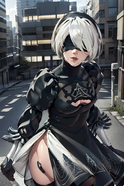 (((2B)), nier_automata, white hair, short hair, blindfold, black_dress, black_hairband, covered_eyes, robot_joints, android, cyborg, clothing_cutout, happy, excited, serious, despair, city, outdoors, (official art), fantasy, masterpiece, best quality, (highres), absurdres, 4K, 8K, 16K, beautiful face, beautiful body, symmetrical face, gorgeous, deep eyes, realistic shaded, stunning, intricate, hyper-detailed, highly detailed, sharp, smooth, sharp focus, realistic, anime, manga, 8k, anime, masterpiece, best quality, ultra detailed, beautiful face, beautiful skin, photorealistic, (professional lighting:1.2), light smile, pearl necklace, (erect nipples:1.3), (cameltoe:1.3), looking at viewer, cowboy shot, focus on face, ultra sharp, on street in business district, ultra detailed photo background, (((with the crowd)))