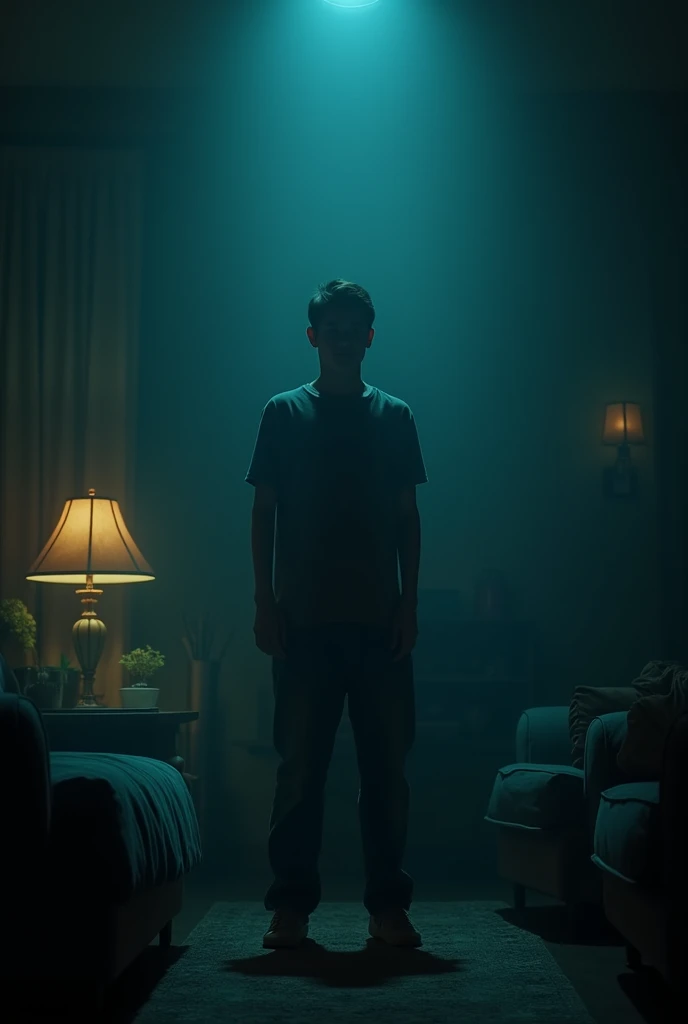 Young and cautious man standing up in a dark living room, nightmare