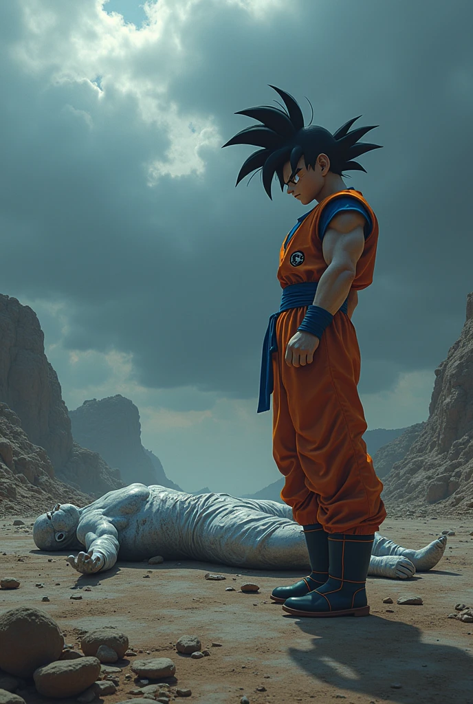 Freezer dead on the ground and Goku looking at him