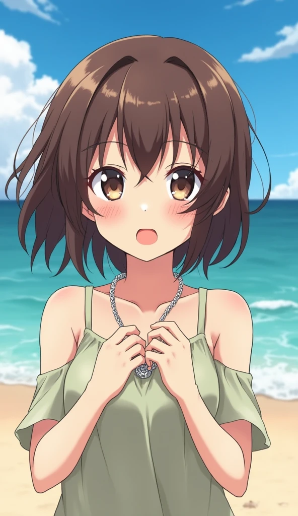 Japanese Shibuya-kei girl having fun at the beach in Shonan, brown medium short hair, detailed eyes, silver necklace, anime style