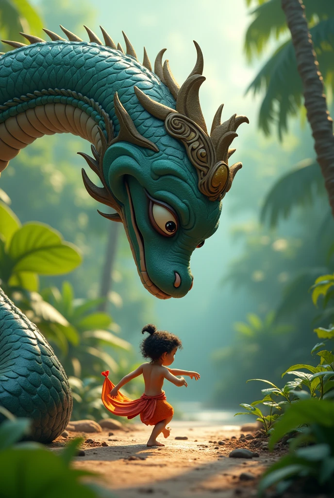 Generate 3d animated cartoon style huge big Kaliya Naag with a subdued expression, bowing his head in submission as little Krishna continues to dance.