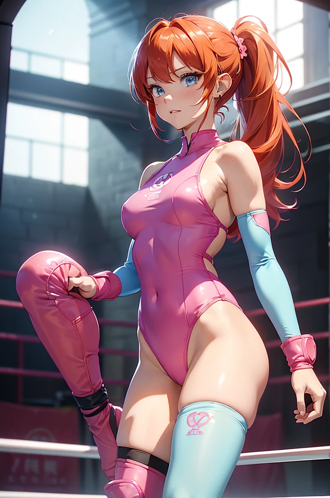 (masterpiece、Highest quality、detailed、HD、Highest quality、High resolution、Solo Character) {{20 year old orange-red haired elf girl:(Reddish orange hair、Medium Hair、The left side of her hair was tied in a short ponytail with two light blue flowers on the side of her hair.、Light blue eyes、Serious expression、Open Mouth Smile、Beautiful female body、Beautiful feet)、(Pink one-piece leotard、Pink wrestling boots、Pink Wrestling Knee Pads、pink arm sleeves、Pink elbow pads、Pink gloves)、(Aggressive fighting pose、Ready to wrestle)、(There are no people around、)}}