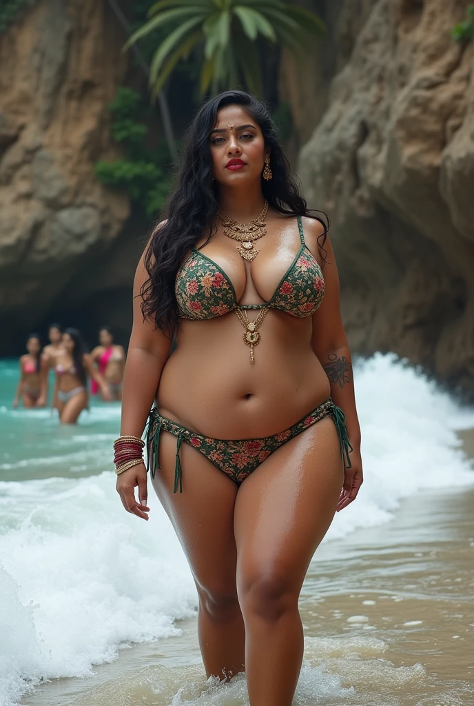 INDIAN BBW BRIDE, Wet CURVY, PAWG, MARRIED INDIAN BRIDE, full body picture , BBW Wet curvy, wet Desi MOMMY showing her big ass  in sexy sexy thong pattern bikini and showing cleavage and in nose ring, many bangles in hands,earings, necklace ,lipstick ,navel,Indian, Chubby, showing her curves in sea water, sea waves , rocks, Group of lesbian women 