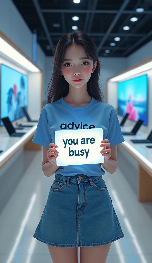 A beautiful Thai girl wearing a blue T-shirt with the words printed on it "ADVICE", Wear a short jean skirt, (((Standing holding a sign that says "YOU ARE BUSY" Parallel))) In a tablet computer store