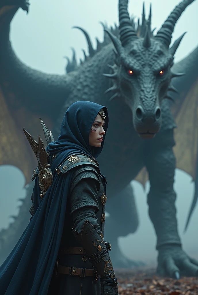 standing near a dragon is a gorgeous anime Half elf rogue male thai model with a black and deep blue hood outfit, highly detailed steampunk, eterochrome blue eyes, scars on the cheek Cyber eyes dark elf fighting a huge elven saddled armored dragon, dark demonic environment, highly detailed, unreal engine 5, battle field standing