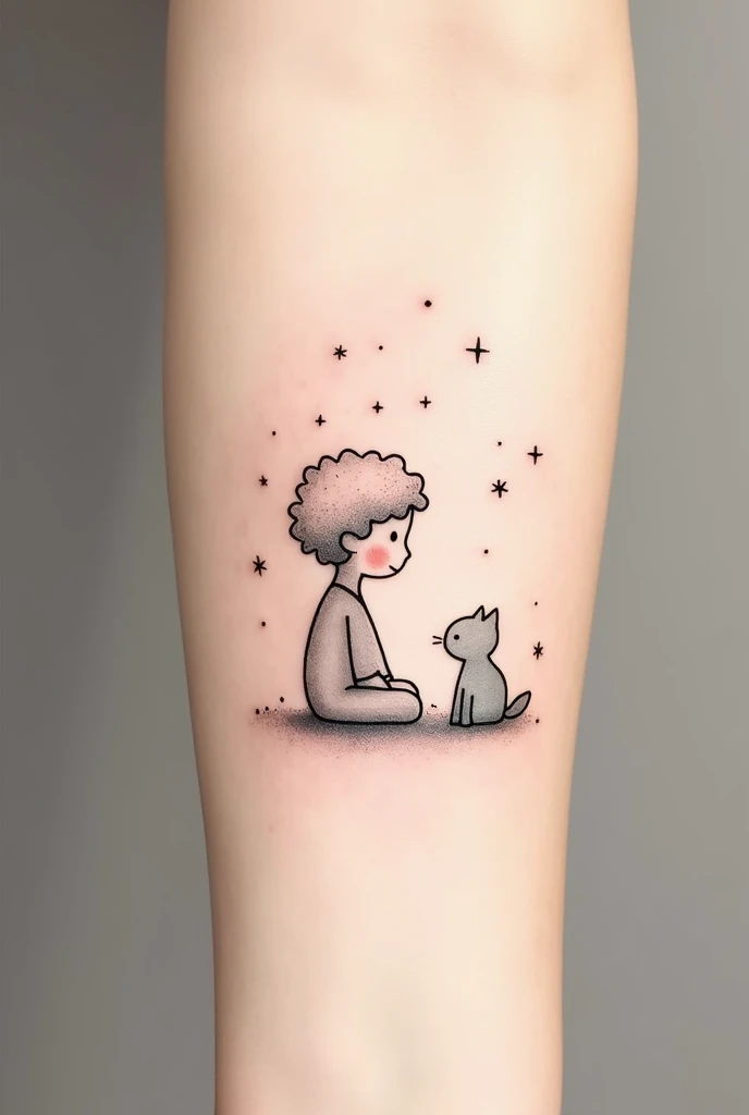 Create a tattoo in white and where a minimalist style appears as a with curly hair, a little prince, a small grey cat, with a starry sky , that has a spiritual context , that focuses on love and eternity