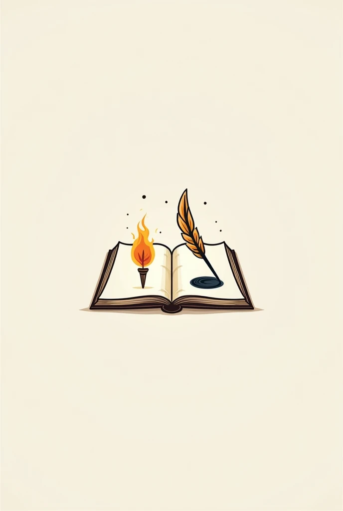 make a logo where an open page book has a drawing of torch and on the other page is pluma and ink