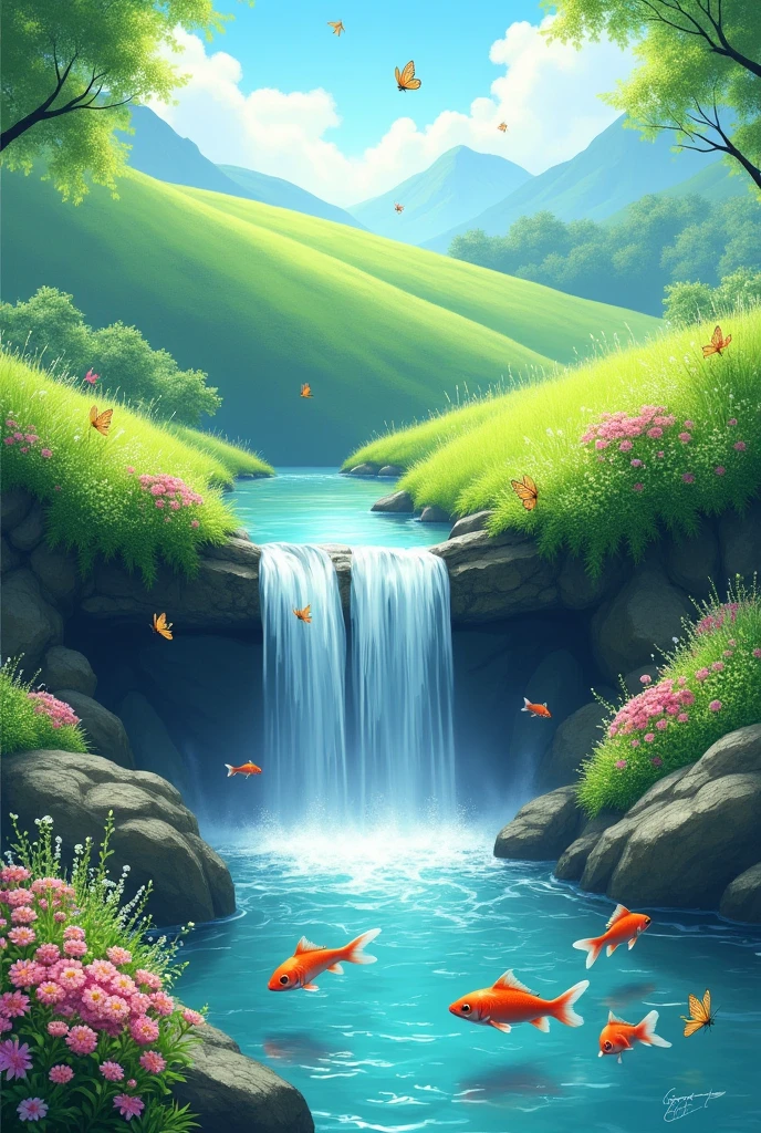 image that have waterfall,grass,fish,colour flowers and butterflies make me peaceful when i see that