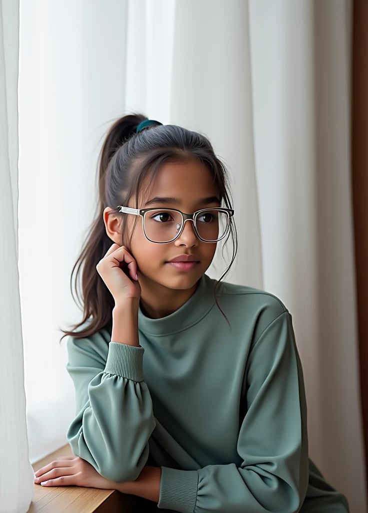 A dark brown skinned girl with brown almond eyes & high ponytail hairstyle wearing sage green high neck blouse & clear spectacles, photorealistic, potrait 