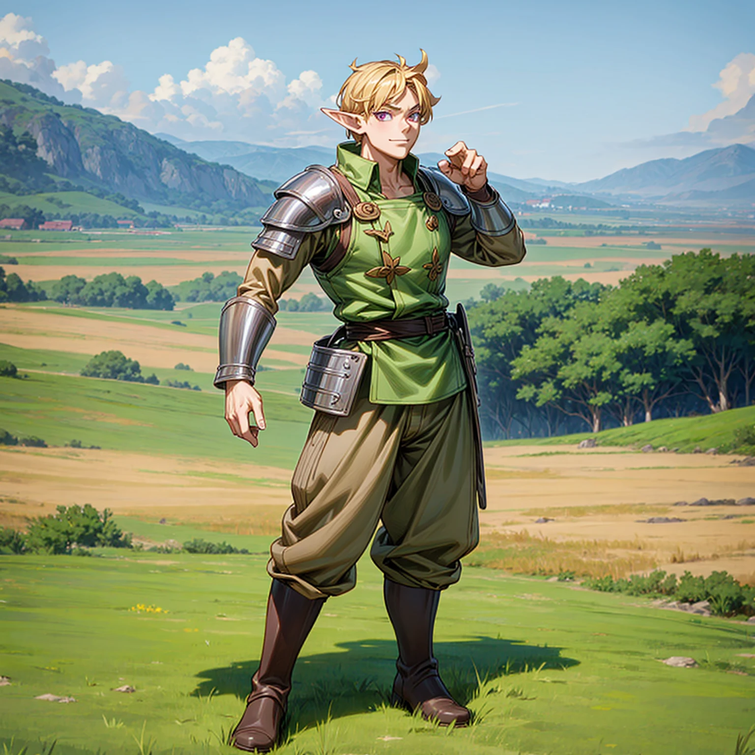 Solo character, full body version, young man, muscle, (elf), purple eyes, blonde color hair, Curly haircut, soldier clothing, long brown pants, boots, outdoor, field, Greenland, detailed background, detailed clothing, detailed hair, muscle, standing gesture, (food wars style art, one piece style art, one piece style art), happy eyes, Happy mouth, heavy armored 