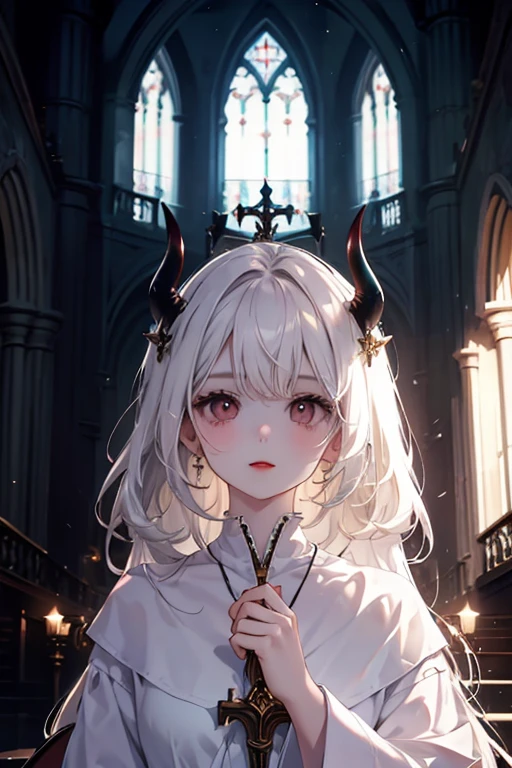 A holy girl in light clothes stands on the left. She looks into the face, standing to her right, devil guy in the dark