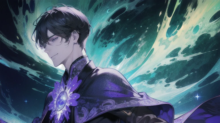 ( High resolution, Super detailed), One male model, Adult, Tall Man, Detailed drawn eyes, Dark Hair, Fantasy, Complex patterns, Detailed face, Magical Effects, ice,smile, (Dutch Angle), Mouth closed、hope、green、Purple light、ephemeral