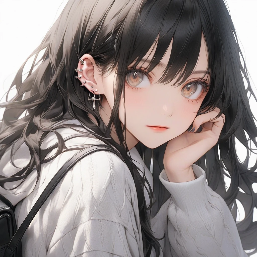 high resolution, Masterpiece, Anatomically correct, precise, qualityที่ดีที่สุด, quality, 1 woman, Age 20 years, very long hair, black hair, light brown eyes , A emotionless expression., simple background , photography, Sharp eyes, An beautiful eyelashes , detailed eyes , wearing white oversized shirt, grey cardigan, black skirt, white sneakers, crossbody backpack, ear piercings ,