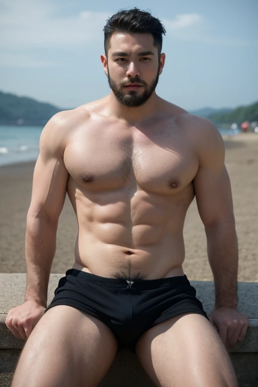 ((best quality)), ((masterpiece)), (detailed), perfect big detailed hairy plump muscle man in bath , beard, dark skin color, skinhead, Japanese men, In short boxers on the beach