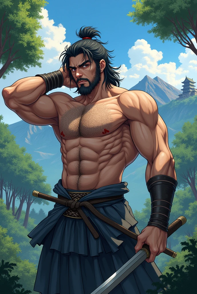 (High resolution:1.2),good looking ,  Holding the belt behind his head, forest, Mountain in the background, Shirtless wet body, Anime Style, Stubble, (Wrinkle), Black Hair, warrior, Eye for perfect detail, Hairy body, Grey fur, Vibrant colors,Soft lighting, Enhanced Details.Japan、Sengoku、Military commander、Oda Nobunaga、Castle Background,