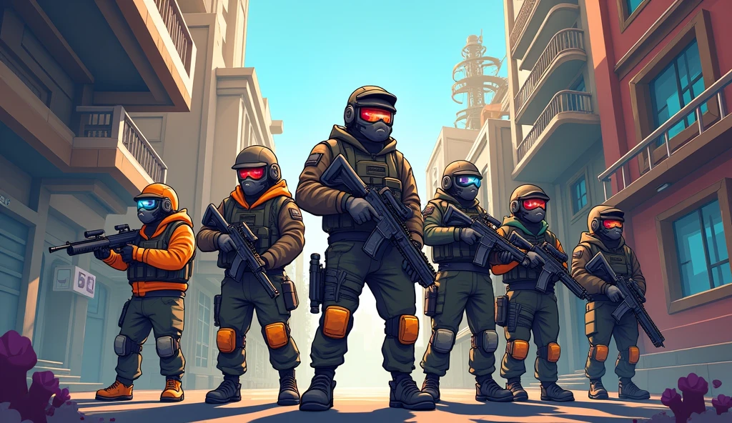 Make a cartoon image for a gaming channel for a youtube background. make sure there is enough information in the scenario by mixing the landscapes related to shooting games like Raimbow six siege