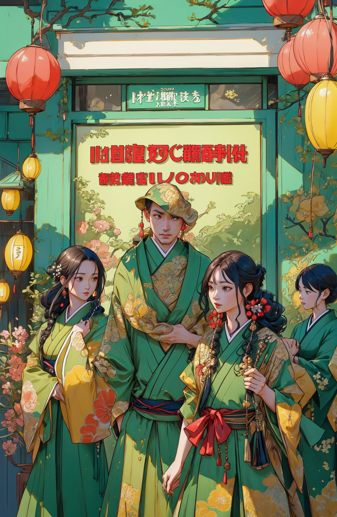 group of people in green dress standing in front of a store, movie announcement Japanese style excitement, realistic,